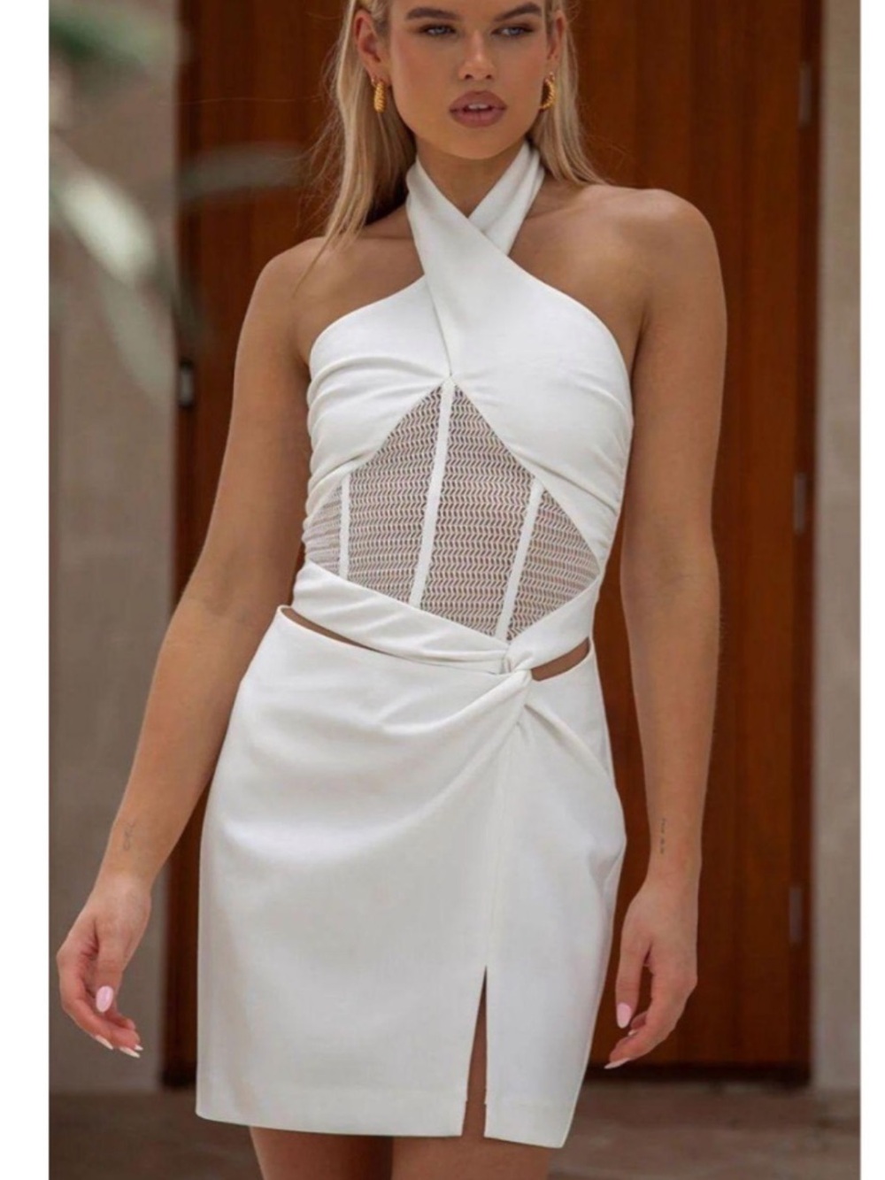 Sabo Skirt White Halter Cutout Mesh Mini Dress